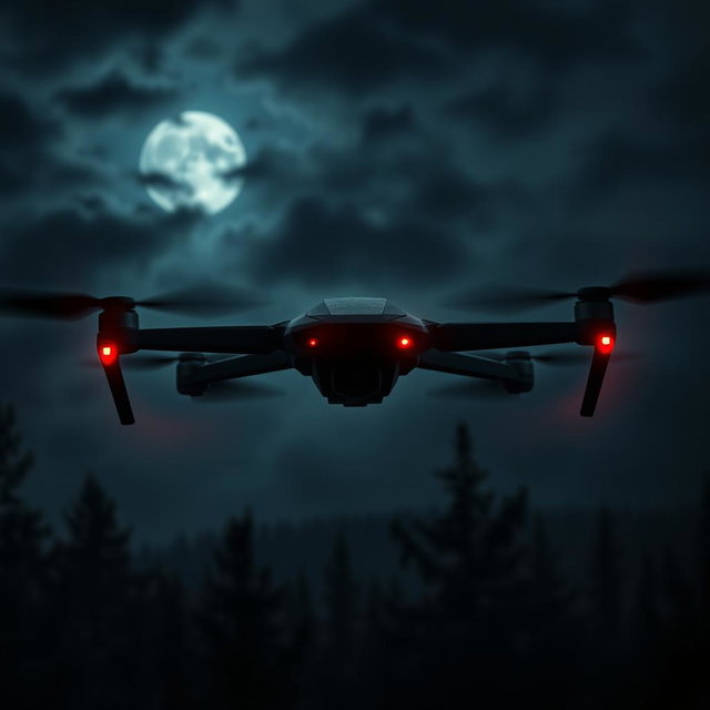A sleek black drone hovering ominously in a dark, cloudy sky, with sharp angular features and glowing red lights
