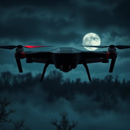 A sleek black drone hovering ominously in a dark, cloudy sky, with sharp angular features and glowing red lights