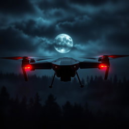 A sleek black drone hovering ominously in a dark, cloudy sky, with sharp angular features and glowing red lights