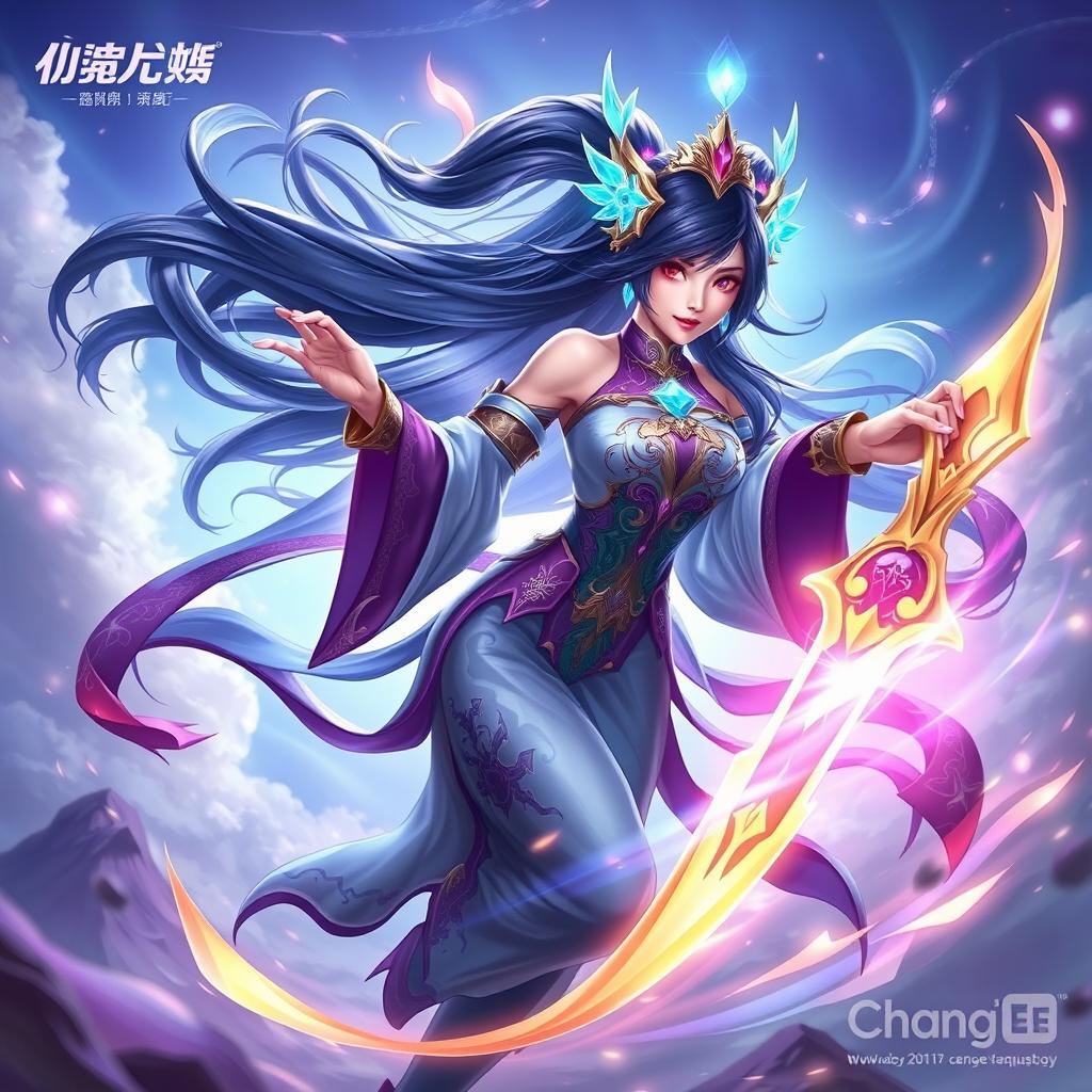 A vibrant and dynamic digital artwork featuring the character Chang'e from the popular mobile game, depicted in an action-packed, fantasy battle scene