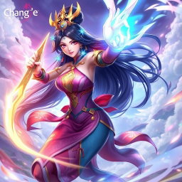 A vibrant and dynamic digital artwork featuring the character Chang'e from the popular mobile game, depicted in an action-packed, fantasy battle scene