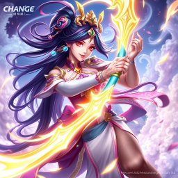 A vibrant and dynamic digital artwork featuring the character Chang'e from the popular mobile game, depicted in an action-packed, fantasy battle scene