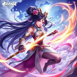 A vibrant and dynamic digital artwork featuring the character Chang'e from the popular mobile game, depicted in an action-packed, fantasy battle scene