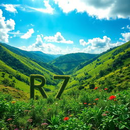 A stunningly beautiful and lush green valley, vibrant with a variety of plants and flowers, creating a serene and picturesque landscape