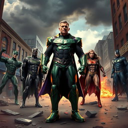 A dramatic and intense street scene depicting the Justice League being defeated by their formidable enemy, Lex Luthor