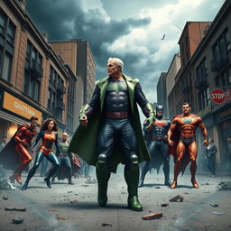 A dramatic and intense street scene depicting the Justice League being defeated by their formidable enemy, Lex Luthor
