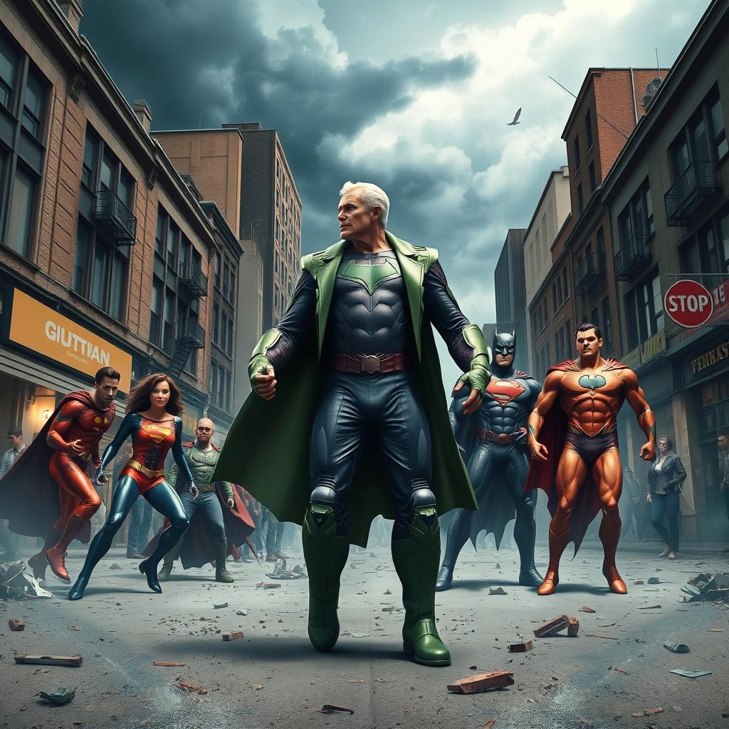 A dramatic and intense street scene depicting the Justice League being defeated by their formidable enemy, Lex Luthor