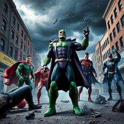 A dramatic and intense street scene depicting the Justice League being defeated by their formidable enemy, Lex Luthor