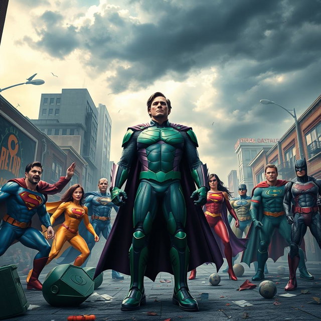 A dramatic and intense street scene depicting the Justice League being defeated by their formidable enemy, Lex Luthor