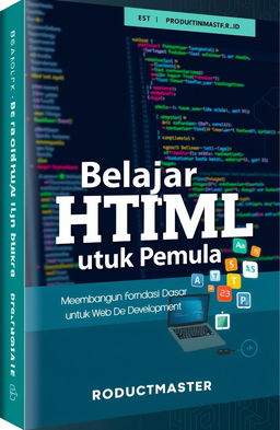 An engaging and informative book cover design for 'Belajar HTML untuk Pemula', titled 'Membangun Fondasi Dasar untuk Web Development', published by PRODUCTMASTER