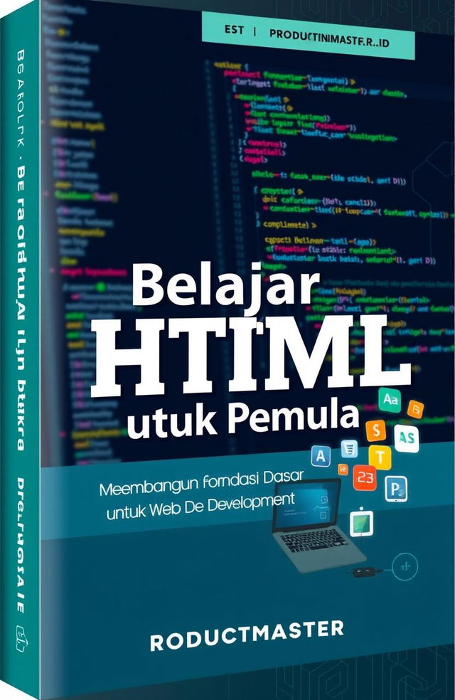 An engaging and informative book cover design for 'Belajar HTML untuk Pemula', titled 'Membangun Fondasi Dasar untuk Web Development', published by PRODUCTMASTER