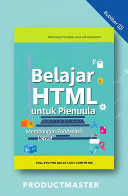 An engaging and informative book cover design for 'Belajar HTML untuk Pemula', titled 'Membangun Fondasi Dasar untuk Web Development', published by PRODUCTMASTER