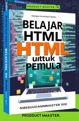 An engaging and informative book cover design for 'Belajar HTML untuk Pemula', titled 'Membangun Fondasi Dasar untuk Web Development', published by PRODUCTMASTER