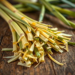 A close-up image of cut and dried lemongrass, showcasing the distinct green and yellow hues of the stalks