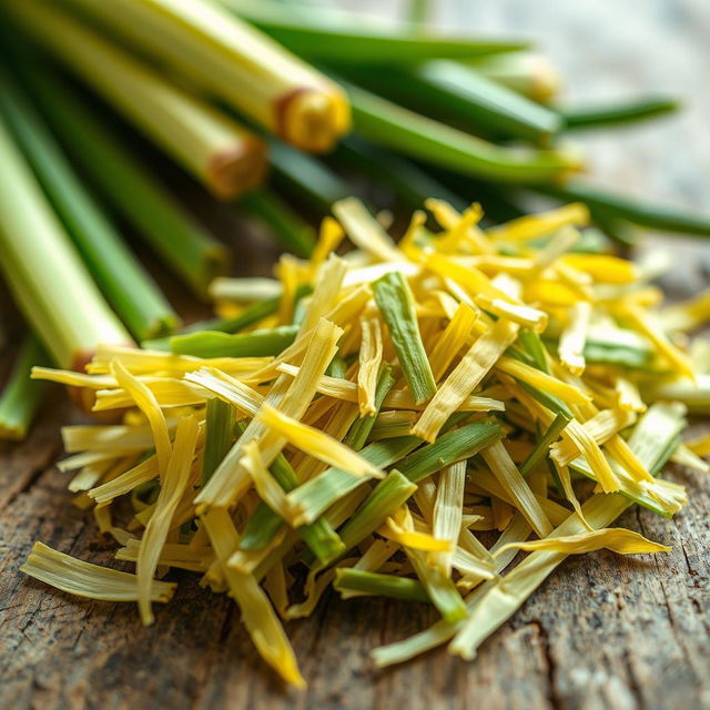 A close-up image of cut and dried lemongrass, showcasing the distinct green and yellow hues of the stalks