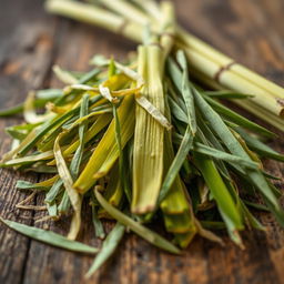 A close-up image of cut and dried lemongrass, showcasing the distinct green and yellow hues of the stalks