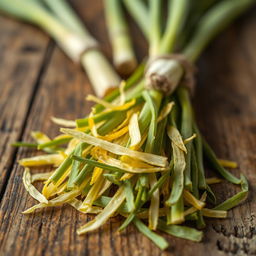 A close-up image of cut and dried lemongrass, showcasing the distinct green and yellow hues of the stalks