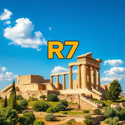 A stunning artistic representation of Persepolis (Takhte Jamshid), the ancient ceremonial capital of the Persian Empire, depicted with intricate architectural details and lush landscapes surrounding it