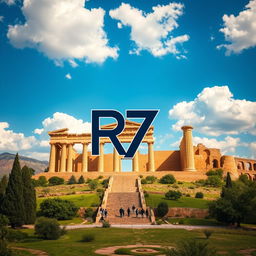 A stunning artistic representation of Persepolis (Takhte Jamshid), the ancient ceremonial capital of the Persian Empire, depicted with intricate architectural details and lush landscapes surrounding it