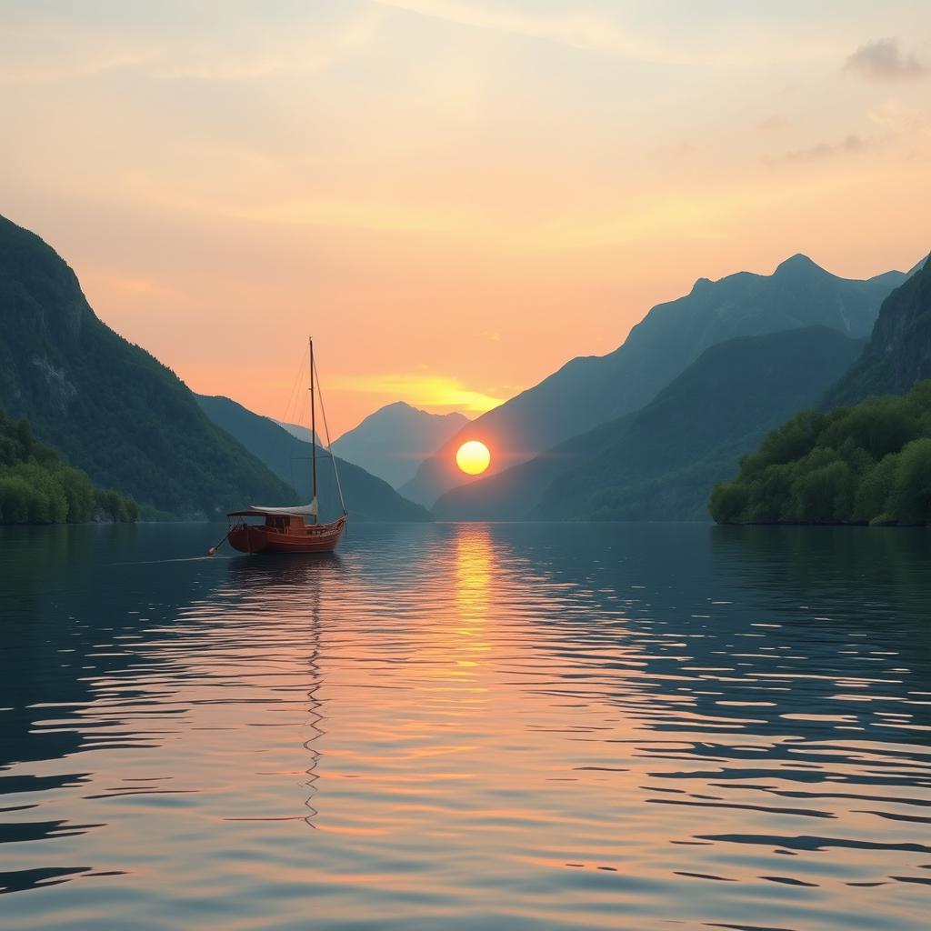 A serene scene featuring a beautifully crafted wooden sailboat gracefully gliding across a tranquil lake surrounded by majestic mountains