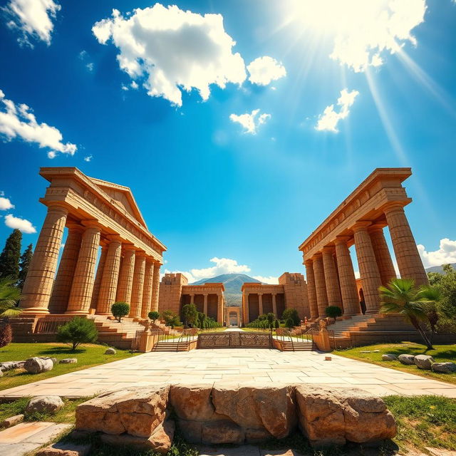 A stunning artistic representation of Persepolis (Takhte Jamshid), the ancient ceremonial capital of the Persian Empire, depicted with intricate architectural details and lush landscapes surrounding it