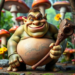 A comical, plump ogre with a silly expression looking directly into the camera