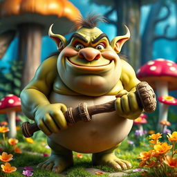 A comical, plump ogre with a silly expression looking directly into the camera