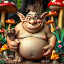 A comical, plump ogre with a silly expression looking directly into the camera