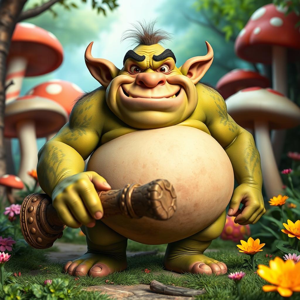 A comical, plump ogre with a silly expression looking directly into the camera