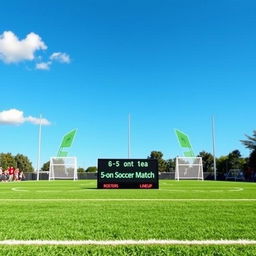 A vibrant green field designed for a 5-on-5 soccer game, featuring crisp white boundary lines and two small goals at each end