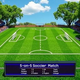 A vibrant green field designed for a 5-on-5 soccer game, featuring crisp white boundary lines and two small goals at each end
