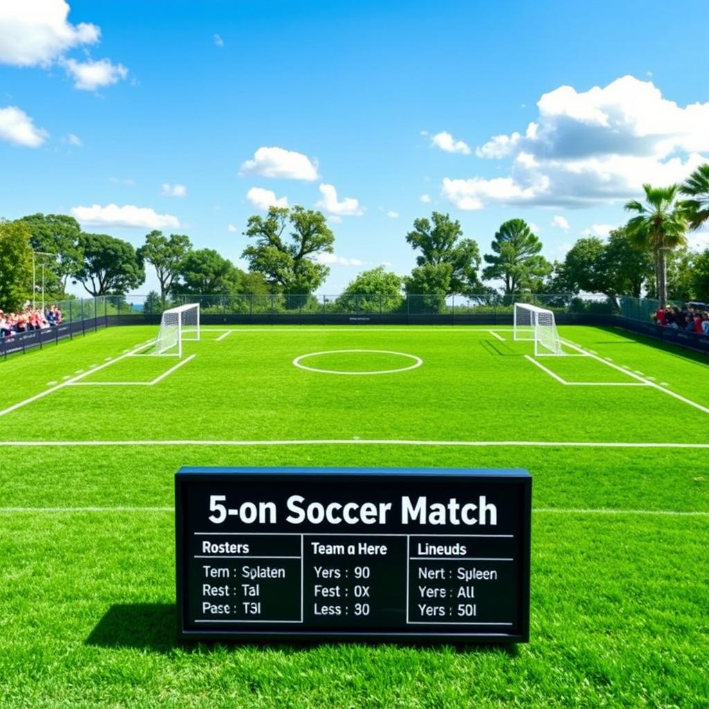 A vibrant green field designed for a 5-on-5 soccer game, featuring crisp white boundary lines and two small goals at each end