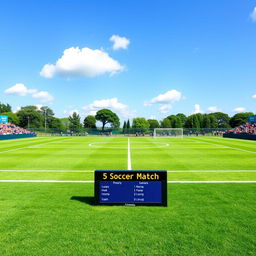 A vibrant green field designed for a 5-on-5 soccer game, featuring crisp white boundary lines and two small goals at each end