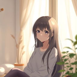 A serene scene featuring a Japanese girl with long, flowing hair and captivating, beautiful eyes