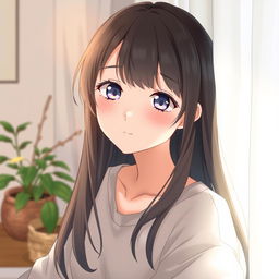 A serene scene featuring a Japanese girl with long, flowing hair and captivating, beautiful eyes