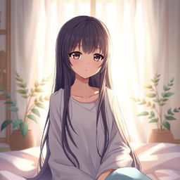 A serene scene featuring a Japanese girl with long, flowing hair and captivating, beautiful eyes