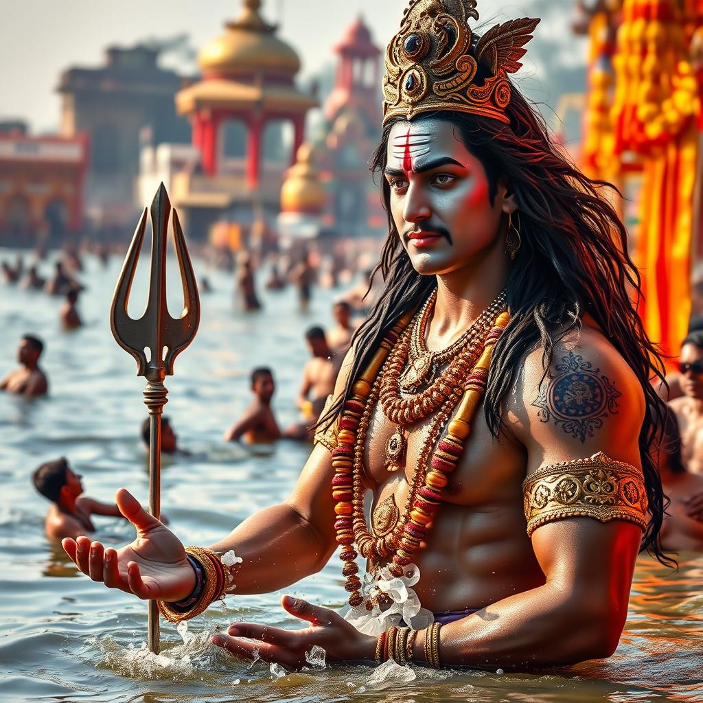 An impressive depiction of Lord Shiva as a Rajput king, showcasing long flowing hair and a distinguished mustache, embodying a bodybuilder physique
