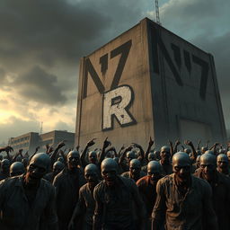 A dramatic scene featuring a horde of zombies gathered around a large, ominous building, conveying a sense of dread and chaos