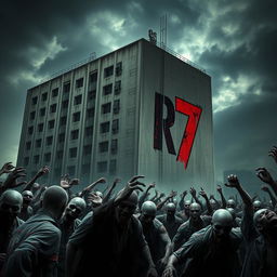 A dramatic scene featuring a horde of zombies gathered around a large, ominous building, conveying a sense of dread and chaos