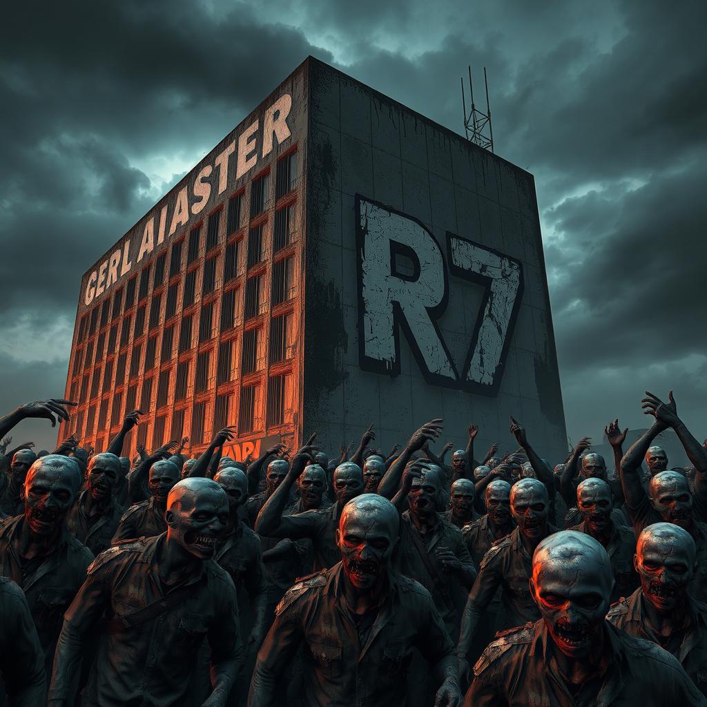 A dramatic scene featuring a horde of zombies gathered around a large, ominous building, conveying a sense of dread and chaos