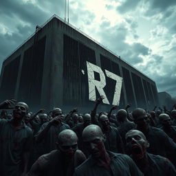 A dramatic scene featuring a horde of zombies gathered around a large, ominous building, conveying a sense of dread and chaos