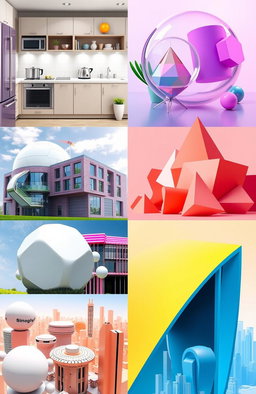 A vibrant collage showcasing the application of 3D shapes in real life