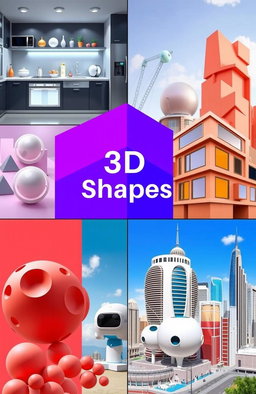 A vibrant collage showcasing the application of 3D shapes in real life