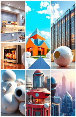 A vibrant collage showcasing the application of 3D shapes in real life