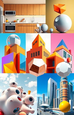 A vibrant collage showcasing the application of 3D shapes in real life