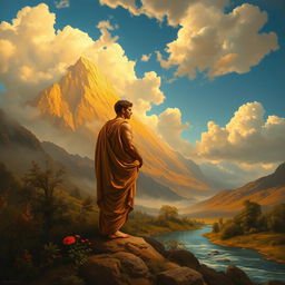 A visually striking blend of Neoclassical and Romantic painting styles, featuring a dramatic landscape with a majestic mountain range in the background, bathed in golden sunlight