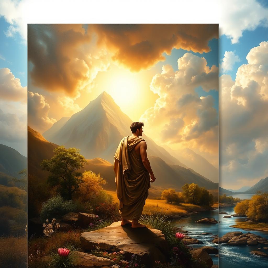 A visually striking blend of Neoclassical and Romantic painting styles, featuring a dramatic landscape with a majestic mountain range in the background, bathed in golden sunlight