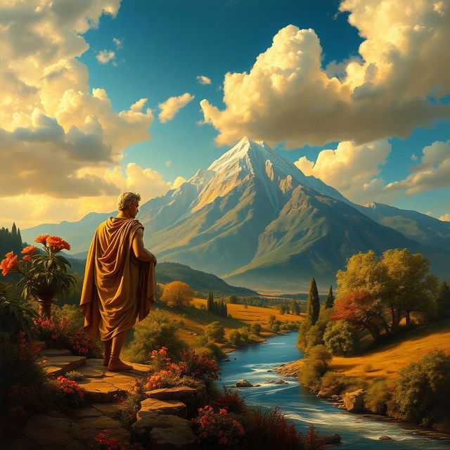A visually striking blend of Neoclassical and Romantic painting styles, featuring a dramatic landscape with a majestic mountain range in the background, bathed in golden sunlight