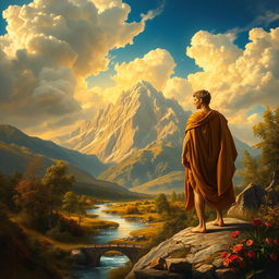 A visually striking blend of Neoclassical and Romantic painting styles, featuring a dramatic landscape with a majestic mountain range in the background, bathed in golden sunlight