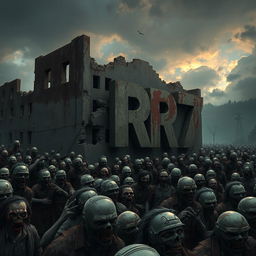A thrilling scene depicting a massive horde of zombies gathering alongside a decaying building, evoking a sense of horror and urgency